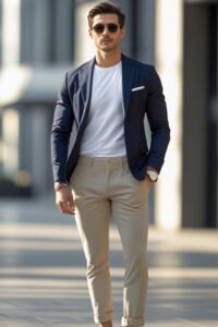 Modern man wearing a minimalist capsule wardrobe with navy blazer, white t-shirt, dark jeans and white sneakers.