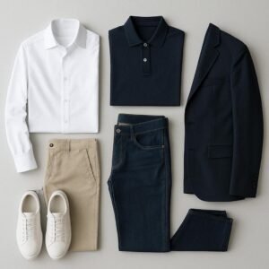 Modern man wearing a minimalist capsule wardrobe with navy blazer, white t-shirt, dark jeans and white sneakers.